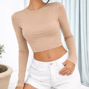 Haut côtelé à manches longues coupe slim pour femme |   T-shirt extensible à col rond |   Fabricant OEM/Marque Privée - Product Image 1