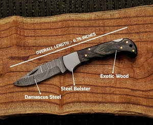 Handmade Damascus Steel Folding <b>Knife</b> Drop Point Blade Wood <b>Handle</b> Thumb Knob Camping EDC Pocket <b>Knife</b> - Product Image 4
