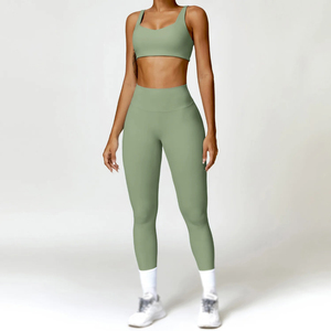 Pink Square Neck Long Sleeve <b>Crop</b> <b>Top</b> High Waist Full Length Leggings 2 Piece Yoga Set Seamless Activewear - Product Image 5