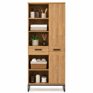 Industrial Teak Wood Bathroom <b>Cabinet</b> <b>Tall</b> Open Shelf Towel Storage Tower - Product Image 1
