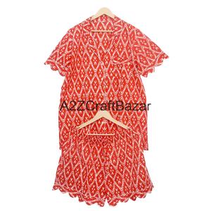 Ensemble de pyjama pour femmes, imprimé à la main, 100% coton, motif diamant, col en V, taille haute élastique, manches courtes, respirant, doux - Product Image 1