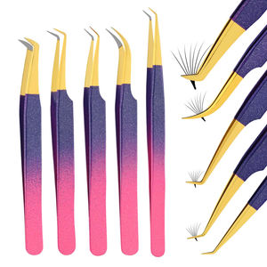 Juego de 5 Pinzas para Pestañas con Punta Dorada, Color Rosa y Morado Brillante, Pinzas de Acero Inoxidable para Extensión de Pestañas con Puntas de Fibra - Product Image 1