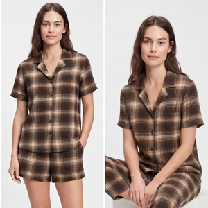 Ensemble de pyjama décontracté pour femme en flanelle à carreaux, chemise boutonnée à manches courtes et short, deux pièces - Product Image 2