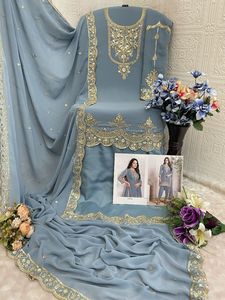 ชุดส่าหรีแบบดั้งเดิมสำหรับผู้หญิง ผ้าจอร์เจตต์เทียม ปักลายฟ็อกซ์ ความยาวระดับเข่า ชุดอินเดีย ชุดปากีสถาน สำหรับงานแต่งงาน - Product Image 5