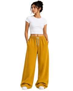 Mustard Yellow Women Wide Leg Sweatpants High Waist Loose Fit Casual Streetwear Lounge Fleece Trousers With Drawstring Pockets - Product Image 1