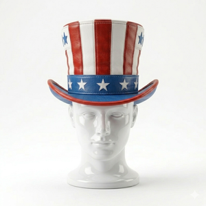 Sombrero de copa con diseño de bandera estadounidense, con estrellas y rayas, en rojo, blanco y azul, estilo cuero - Product Image 1