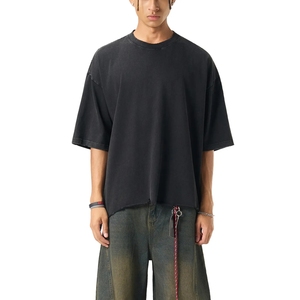 Men Vintage Washed <b>Black</b> Oversized T <b>Shirt</b> Raw Hem Distressed Cotton Streetwear Wholesale Blank <b>Tee</b> - Product Image 1