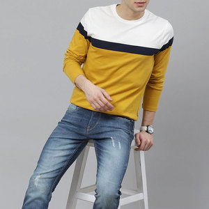 T-shirt à manches longues pour homme, col rond, tricoté, décontracté, avec blocs de couleur, bordure contrastante, coupe classique, design uni, polyester/coton, séchage rapide - Product Image 2