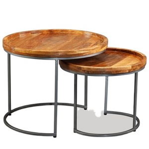 Modern Luxury Vintage Style Nesting Coffee <b>Table</b> Set 2 New Design Wooden Top <b>Black</b> Metal Frame Dining Home Use Living Room - Product Image 2