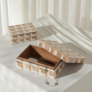 FAIZA CRAFT Organisateur de bijoux de luxe moderne gravé, personnalisable, en résine d'os et MDF, motif carré gris et blanc, fait main - Product Image 4