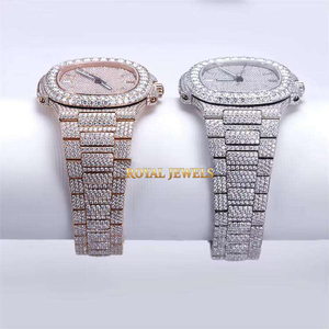 Montre à quartz plaquée or rose, bracelet en acier inoxydable, cadran rond, affichage de la date, montre-bracelet de luxe hip-hop - Product Image 6