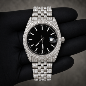 Montre-bracelet de luxe pour homme, style Hip Hop, entièrement sertie de diamants VVS, cadran noir, index à lanières, bracelet Jubilee clouté, date, argentée, bling, cadeau - Product Image 1