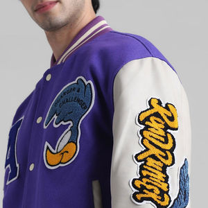Men's Purple Varsity Jacket <b>With</b> Embroidered Letter A And <b>Dinosaur</b> Patch Drop shoulder varsity jacket Relax Fit Autumn Wear - Product Image 5