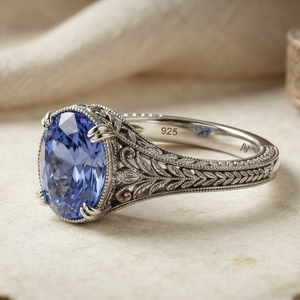 Bague de fiançailles et de mariage vintage en argent 925 avec saphir ovale serti de griffes pour femme - Product Image 1