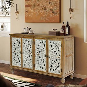 Armadio moderno di accento della fattoria con 4 porte floreali intagliate in legno Credenza di stoccaggio per soggiorno ingresso cucina corridoio - Product Image 5