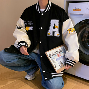 <b>Men's</b> Varsity <b>Jacket</b> Black White <b>Letter</b> A Patch Design Casual Autumn Wear Turn-down Collar Regular Fit Polyester Cotton Material - Product Image 1