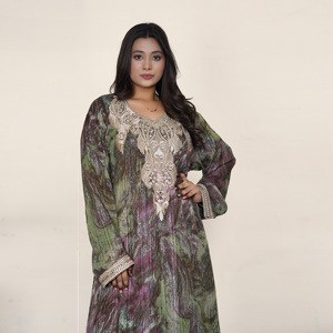 Premium Zill Mill Embroidery Neck Loose Fit Floor Length Luxury Arabic Kaftan Abaya <b>Dress</b> <b>for</b> Women Modest Islamic Party Wear - Product Image 4