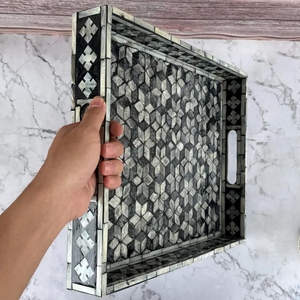 Rectangular Mother of Pearl Inlay Serving Tray with Black & <b>Silver</b> Tumbling Floral Pattern, Tea Tray, Ideal Gifts - Product Image 6