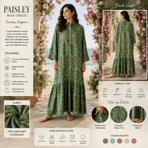 Robe longue kaftan de luxe en soie tissée, lavable et écologique, taille naturelle, vert olive, imprimé cachemire, fluide et bohème - Product Image 4