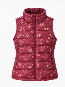 Chaleco Acolchado Estampado de Invierno para Mujer, Ligero, Sin Mangas, Color Rojo Vino, Cuello Alto, Chaqueta Acolchada Sin Mangas - Product Image 1