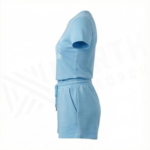 Conjunto Casual de 2 Piezas para Mujer, Color Azul Claro, Camiseta de Manga Corta y Pantalones Cortos por Encima de la Rodilla, Cuello Redondo, Estampado, Tejido de Punto, Algodón - Product Image 3