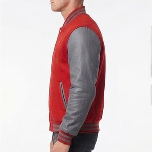 Veste de sport d'hiver pour homme de haute qualité, rouge et gris, à blocs de couleur, avec manches en cuir véritable, col montant et fermeture boutonnée - Product Image 3