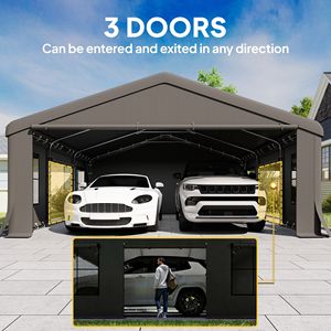 20FT X 20FT Heavy Duty Dark Gray Carport Portable Garage <b>Canopy</b> <b>Tent</b> with 3 Roll-up Doors 4 Windows Simple Style for Park Use - Product Image 6
