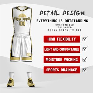 Conjunto de Uniforme de Baloncesto Sublimado Personalizado, Blanco y Dorado, Nombre del Equipo, Número, Cuello en V, Sin Mangas, Malla Transpirable, Unisex para Adultos - Product Image 2