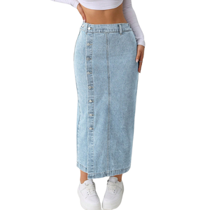 Women's High Waist Button Front Woven <b>Denim</b> Maxi Skirt with Side Slit Casual <b>Stretch</b> Summer/Winter Fashion - Product Image 1