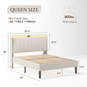 Letto matrimoniale moderno con piattaforma, testiera imbottita in tessuto e doghe in legno, supporto morbido per letto king size - Product Image 2