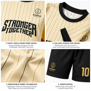 ชุดฟุตบอลสีดำทองแดงลายทางแบบกำหนดเอง เสื้อเจอร์ซีย์ กางเกงขาสั้น คอวี ชุดทีมพิมพ์ลายแบบ Sublimation โรงงาน OEM คุณภาพพรีเมียม - Product Image 3