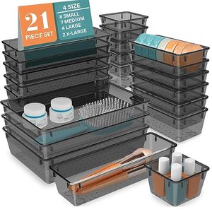 Makeup Jewelry Vanity and Office 21 Piece Black Modular Drawer Organizer Trays Multipurpose Stackable Acrylic Storage <b>Bins</b> - Product Image 1
