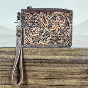 Artisan Western Floral Leather <b>Card</b> <b>Holder</b> Coin Purse Tooled Genuine Leather Wristlet <b>Wallet</b> Vintage Carved Zip Pouch <b>for</b> Unisex - Product Image 2