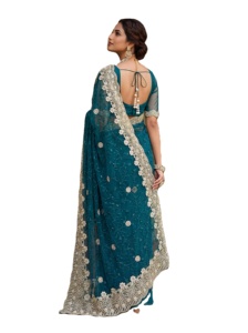 Party Wear Embroidery Net <b>Saree</b> <b>Blouse</b> Women's Traditional Indian Designer Embroidery Work with Pearls Diamonds Work - Product Image 5