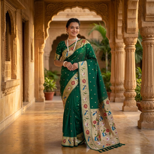 Hermoso sari de seda verde con bordados florales y de pavo real para mujeres, ropa tradicional de boda estilo indio pakistaní. - Product Image 5