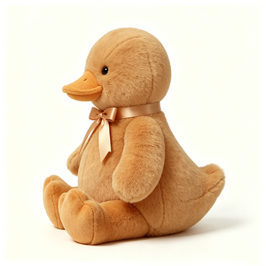 Peluche de Pato Marrón Suave - Pato de Peluche Acogedor Color Bronceado con Lazo de Satén Dorado Rosado, Clásico Peluche de Pato Neutral para Niños - Product Image 1