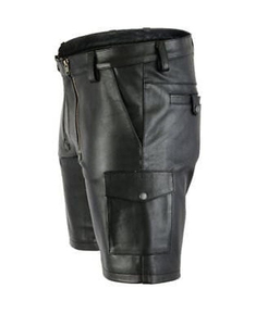 Shorts en cuir noir pour homme, taille mi-haute, fermeture éclair, poches cargo, style motard - Product Image 3