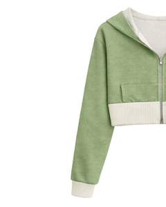 Sudadera con capucha corta personalizada para mujer, color verde salvia claro y forro polar de algodón, sudadera con capucha de bloques de color, chaqueta informal estilo streetwear. - Product Image 3