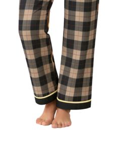 Ensemble de pyjama pour femmes en coton doux à carreaux beige et noir, manches longues, boutonné, vêtements de nuit, ensemble de deux pièces, ensemble confortable pour se détendre - Product Image 6