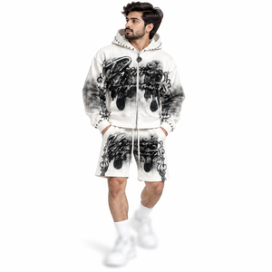 Pantalones de chándal de lujo góticos de forro polar con cremallera, personalizables con pedrería, con capucha, de algodón, con estampado abstracto, pantalones cortos premium para descansar, al por mayor - Product Image 2