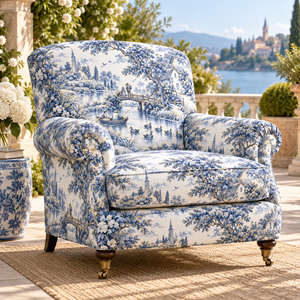 Tissu d'ameublement imprimé toile bleu et blanc à motif paysage pour la rembourrage de chaises - Product Image 1