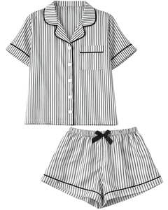 Ensemble de pyjama en satin rayé blanc et noir personnalisé pour femmes, manches courtes, boutons, vêtements de nuit d'été, ensemble de vêtements de détente en soie douce - Product Image 1