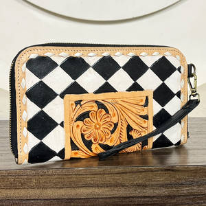 Monedero de Cuero con Cremallera y Diseño Floral a Cuadros, Hecho a Mano, para Uso Diario, Venta al Por Mayor de Septiembre - Product Image 2