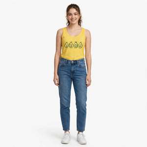 100% Cotton <b>Women's</b> <b>Yellow</b> Avocado Cartoon Print Tank <b>Top</b> Scoop Neck Casual Breathable Knitted Front Logo Design From BD - Product Image 2