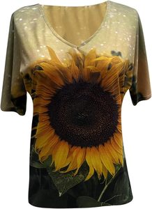 Camiseta de algodón de manga corta estilo casual retro para mujer, ajustada, con estampado de girasoles, transpirable, de punto, con cuello en V, ideal para el verano. - Product Image 2