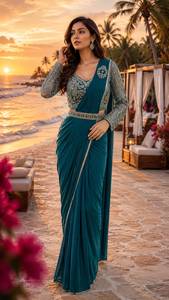 Sari en soie douce jaune moutarde élégant avec chemisier brodé pour femme, style Inde Pakistan, longueur ras du sol, pour mariage et fête - Product Image 4