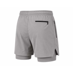 Shorts de sport pour hommes gris uni à séchage rapide avec cordon de serrage à la taille, mi-longs, en polyester tissé, avec fermetures éclair, style sportif - Product Image 5