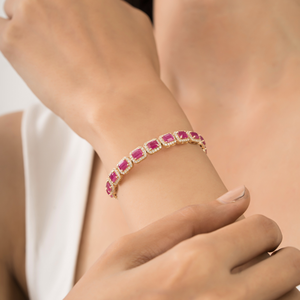 Gorgeous Handmade 100% Genuine <b>Ruby</b> & Diamond 14K Yellow Gold Fine Halo Statement Tennis <b>Bracelet</b> Wedding Party Wear Jewelry - Product Image 2