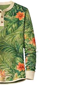 Chemise Henley pour homme à imprimé tropical vert olive et floral, manches longues, patte de boutonnage, style décontracté d'été, plage, légère et tendance - Product Image 4