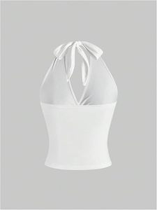 <b>Women's</b> <b>White</b> Halter <b>Tank</b> <b>Top</b> With Black Embroidery Bohemian Style Breathable Knitted Spandex Polyester <b>Top</b> - Product Image 2